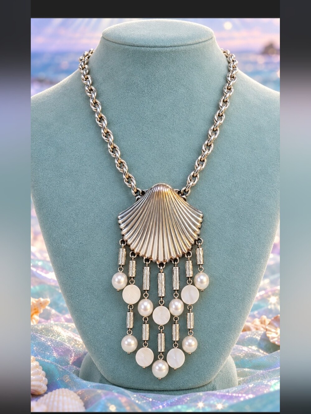 Brighton Malibu Seashell Necklace Silver Tone Pearl Dangle Coastal Statement